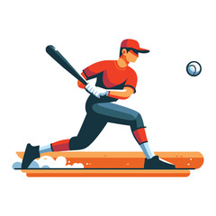 Baseball softball player in action vector illustration, hitter swinging with bat design template isolated on white background