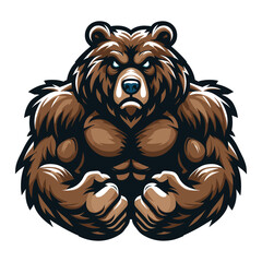 Strong body muscle wild beast grizzly bear mascot design vector illustration, logo template isolated on white background - obrazy, fototapety, plakaty