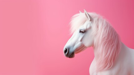 White horse with beautiful hairs and pink background