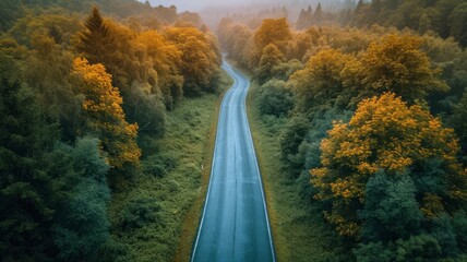 Fototapeta premium Drone view of road in the middle of a forest