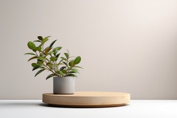 White Round Podium And Tropical Plant Tree. Minimalist. Minimal. Copy Space. Nature Banner. Wallpaper