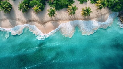 Idyllic beach with palm trees from drone view