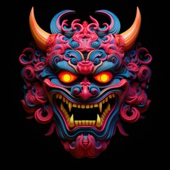 Japanese Hannya mask Neon, Blue and Red Colors, Black Background