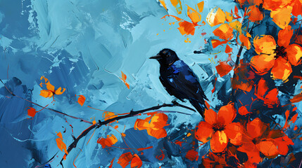 Vibrant Abstract Art with Blue Background and Orange Flowers Featuring Black Bird