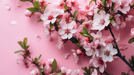 Spring Cherry Blossoms on Pink Background