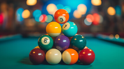 Racked Billiard Balls on Pool Table with Bokeh Lights in Background