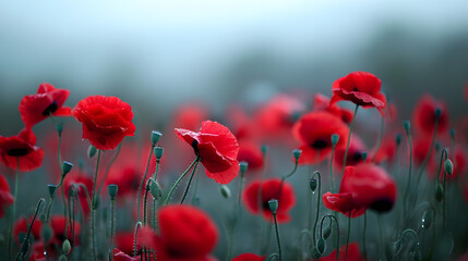 Field of Red Poppies with Morning Dew