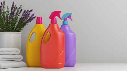 Colorful Cleaning Product Bottles with Lavender Plant and Towels on White Background