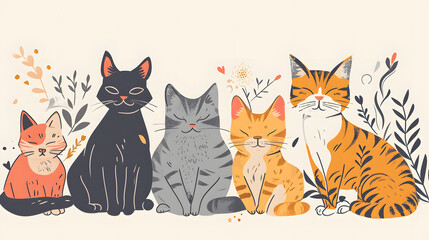 Assorted Cats Illustration with Floral Elements on a Cream Background