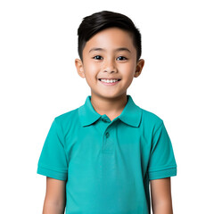 Front view mid shot of a 10-year-old Asian boy dressed in a turquoise polo shirt and dark wash jeans, smiling on a white background