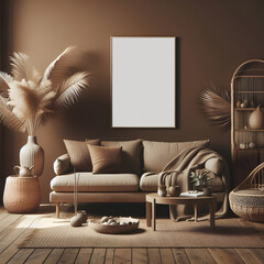 Brown color interior design with sofa, dry palm leaves and wicker table in modern farmhouse livingroom. Empty wall mockup
