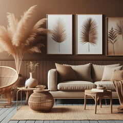 Brown color interior design with sofa, dry palm leaves and wicker table in modern farmhouse livingroom. Empty wall mockup