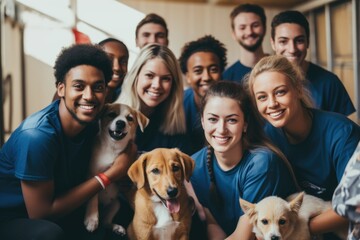 Smiling portrait of a diverse group of volunteers at animal center