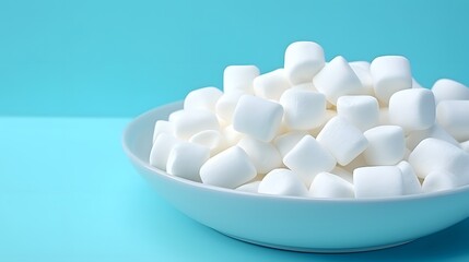 Sweet marshmallow or zephyr in white plate on turquoise background, diet dessert, selective focus