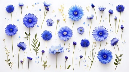 Vegetative composition with flower of blue cornflowers in flat lay style and top view.