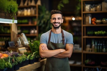 Portrait of a young man working in healthy food store