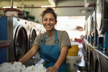 Fototapeta na wymiar Portrait of a happy female worker in laundry service with industrial washing machines