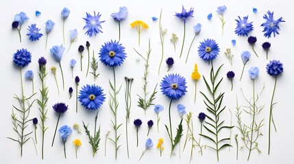 Fototapeta premium Vegetative composition with flower of blue cornflowers in flat lay style and top view.