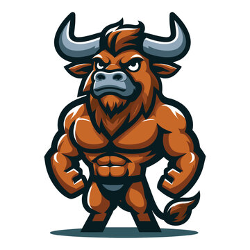 Strong athletic body muscle bull mascot design vector illustration, logo template isolated on white background