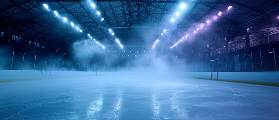 Sci-fi futuristic background with neon spotlights, smoke.Ice Rink.Professional Arena, Scene. Winter poster for hockey competitions. Ice skating. Stadium. Generative ai - obrazy, fototapety, plakaty