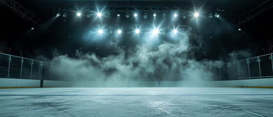 Sci-fi futuristic background with neon spotlights, smoke.Ice Rink.Professional Arena, Scene. Winter poster for hockey competitions. Ice skating. Stadium. Generative ai - obrazy, fototapety, plakaty