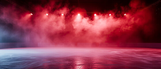Red Ice Rink Background. Professional Arena illuminated red neon lights, spotlights with smoke. Copyspace. Winter poster for hockey competitions. Ice skating. Stadium. Generative ai	 - obrazy, fototapety, plakaty