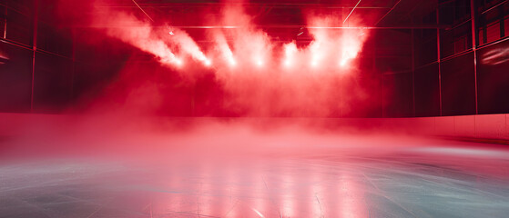 Red Ice Rink Background. Professional Arena illuminated red neon lights, spotlights with smoke. Copyspace. Winter poster for hockey competitions. Ice skating. Stadium. Generative ai	