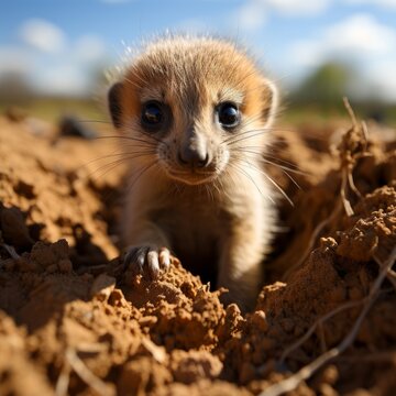 Photo of a baby meerkat standing guard over its burrow. Generative AI