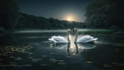 Foto op Aluminium A calm nighttime scene featuring two elegant swans floating over the moonlit pond, their reflections dancing in the placid water. © RIDA BATOOL