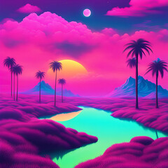 dreamy surreal landscape with neon colors