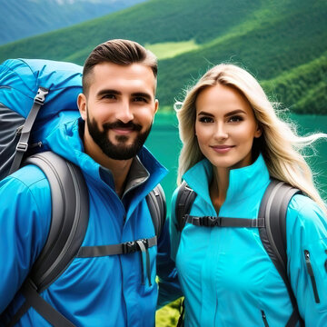 Excursionistas hombre y mujer con mochilas en una monta&ntilde;a 