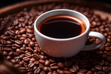 Fototapeta premium Coffee cup with coffee beans on a wooden table, close up shot