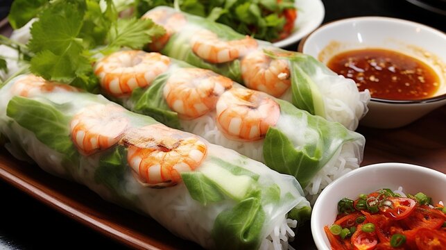 Fresh and healthy Vietnamese spring rolls with shrimp