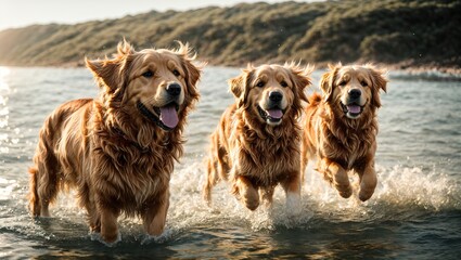 three fluffy golden retrievers frolicking in the crystal clear ocean waves, their tails wagging...