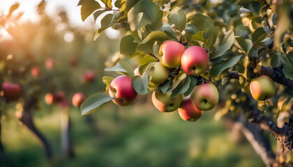 Fototapeta premium Beautiful Fruit farm with apple trees, Branch with natural apples on blurred background of apple orchard.