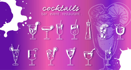 Colorful cocktail designs - Collection of glasses. Flat design. Elements for invitation cards, advertising banners and menus.