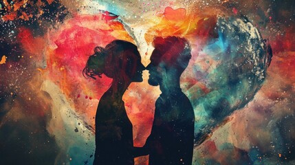 Silhouette of loving couple kissing on abstract colorful background