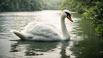 Fototapeta premium a lush greenery, a pure white swan floating in the water peacefully, its feathers ruffled by a gentle breeze