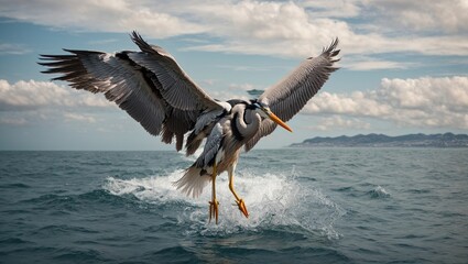 With its wings spread, a beautiful great heron soars above the immense expanse of the ocean. - obrazy, fototapety, plakaty