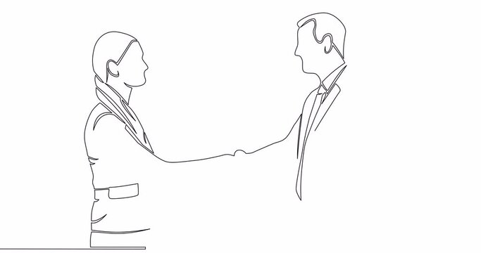 Self drawing line animation business people handshake continuous one single line drawn concept video