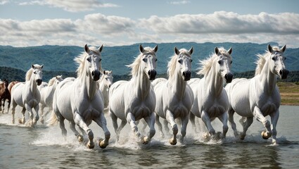 A magnificent group of all-white horses charging across the glistening waves, their manes billowing in the breeze and the water splattering all around them