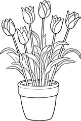 Tulip flower coloring page, simple flat flower outline, floral illustration