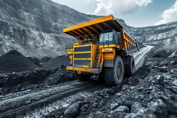 Open pit mine industry, big yellow mining truck for coal anthracite. Mining truck in a coal mine loading coal