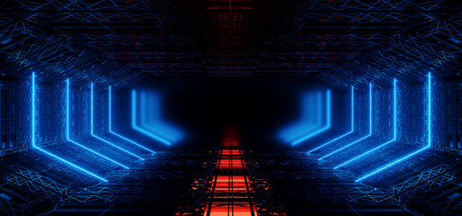 Neon Laser Futuristic Warehouse Sci Fi Spaceship Hangar Bunker Tunnel Corridor Showroom Empty Space Glowing Blue Red Lights Catwalk Cyber Garage 3D Rendering