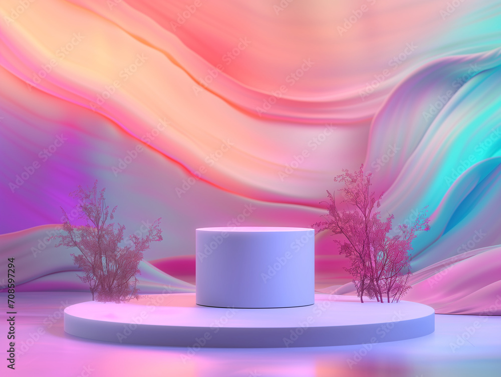 Poster 3d illustration of empty podium backdrop with colorful abstract background.