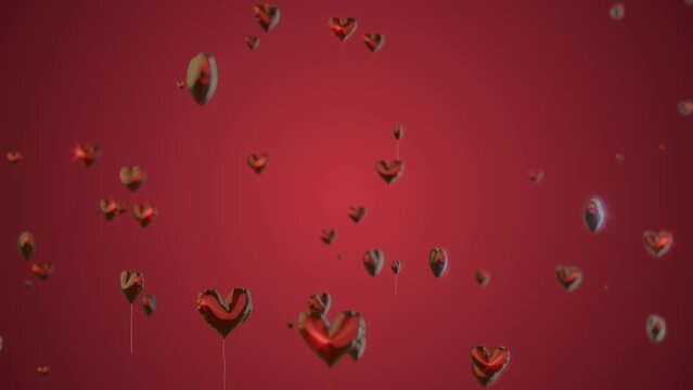 3D-rendered heart-shaped balloons ascend in a looping animation against a red background.