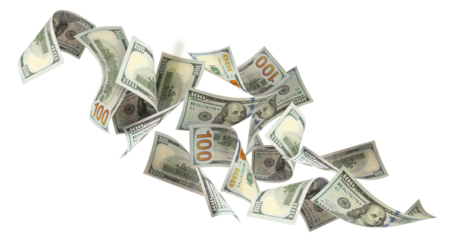 Flying 100 American dollars banknotes, cut out