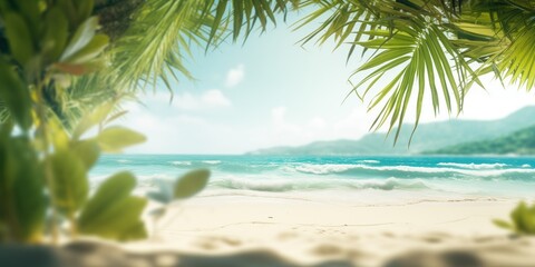 Fototapeta na wymiar beach with palm tree, blurry sea, sand, Trees around the photo