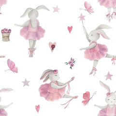Watercolor seamless pattern with kids ballet collection, butterflies, flowers. Hand drawn  illustration on white background © natikka