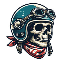 Fototapeta premium Retro vintage biker racer skull in helmet design vector template illustration. t-shirt design, logo mascot emblem isolated on white background